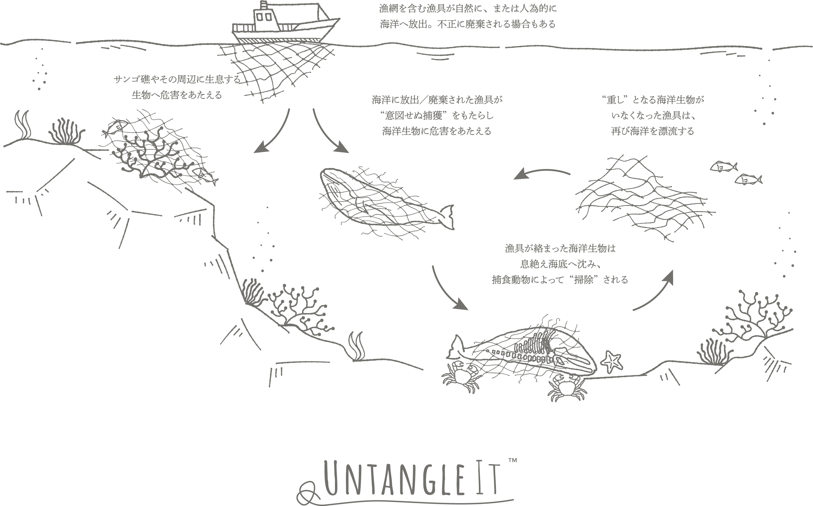 棄てられる漁網を衣服の原料にするチャレンジ「UNTANGLE IT™(アンタングルイット)」豊島とSHINDOがブランドパートナー連携のサブ画像5_▲漂着する漁網を含む漁具が海洋生物にとって脅威となる「ゴーストフィッシング」のサイクル図