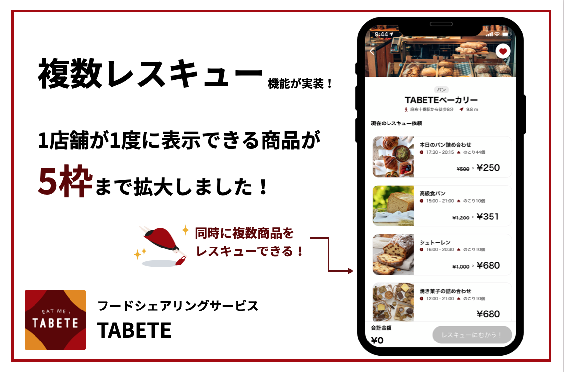 フードロス削減サービス「TABETE」大型アップデート　多様な食品ロスに対応できるよう、出品できる商品の価格帯・品数を拡大しましたのサブ画像1