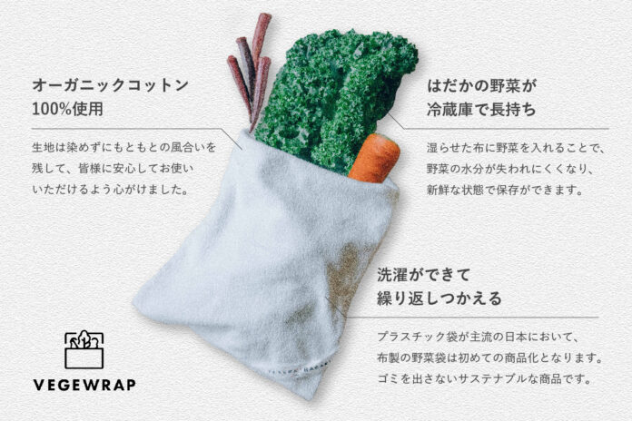 野菜のお布団、はだかの野菜が長持ちするオーガニックコットン100%布製保存袋「VegeWrap」がCAMPFIREでクラウドファンディングスタート！！のメイン画像