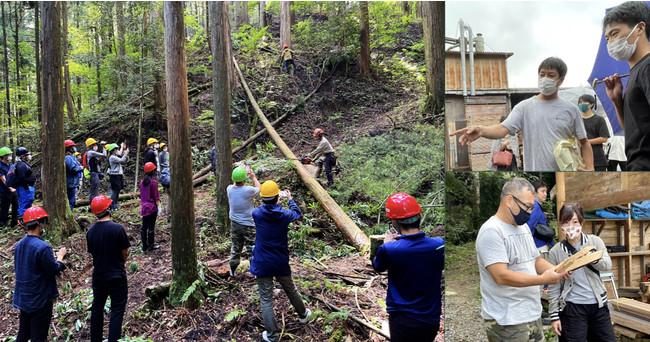​【デモデイにて受賞チーム決定！】『SUSTAINABLE FOREST ACTION 2021』複数チームが次世代林業・森林づくりに向け事業化・法人化へのサブ画像5_林業の現場理解のために行われた鳥取県智頭町での合宿の様子その1。写真右は、自伐型林業家、大谷訓大氏による伐採の様子。左上は、製材所サカモト代表の坂本晴信氏。