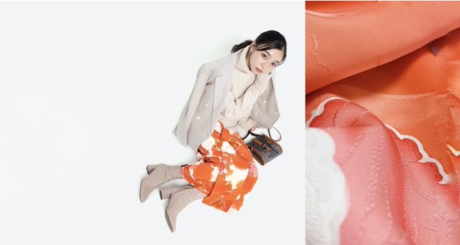 「新しい和服のスタンダード」を目指す着物アップサイクルブランド”keniamarilia”、着物一反を贅沢に使用した新作スカート「シュッケニ」を11月12日に新発売。のサブ画像1_シュッケニと生地画像
