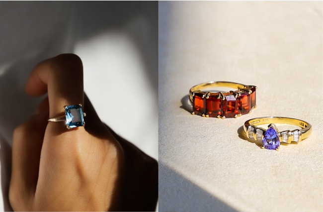 chili Vintage Jewelry、クリスマス向けジュエリー発売。大切な方へ、エシカルで特別な贈り物。のサブ画像2_(左)ブルートパーズリング ¥55,000~ (右)タンザナイト・ガーネットリング ¥50,000~