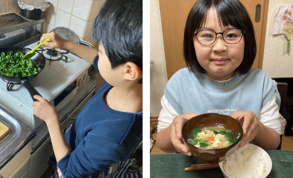 【食育プロジェクト】明日葉が運営する学童で、水耕栽培で育てた小松菜を収穫のサブ画像5_小松菜とじゃこのふりかけと、かきたま汁を家庭で調理しました。