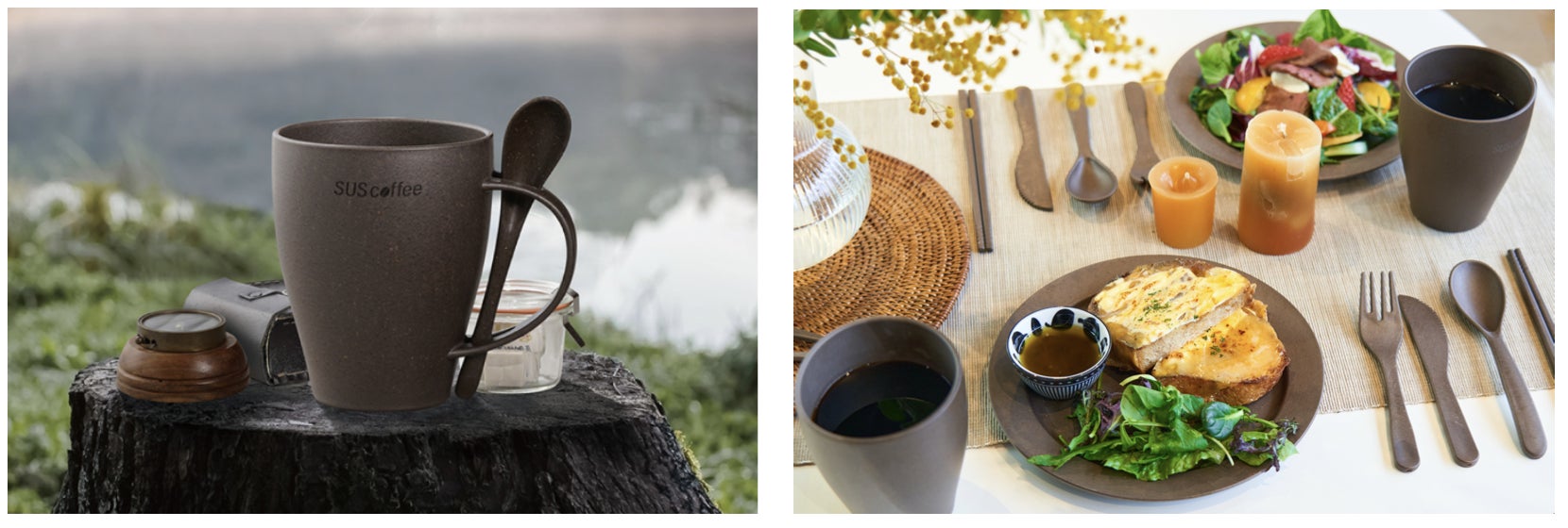 コーヒーかすを再利用した新アウトドアグッズをお披露目！　SUS coffeeブランド「第2回　国際サステナブルグッズEXPO【夏】」に出展のサブ画像6_（左）『SUS coffee PLA mug&spoon（PLAマグアンドスプーン） 』（右）プレート、マグスプーン、カトラリー利用シーン
