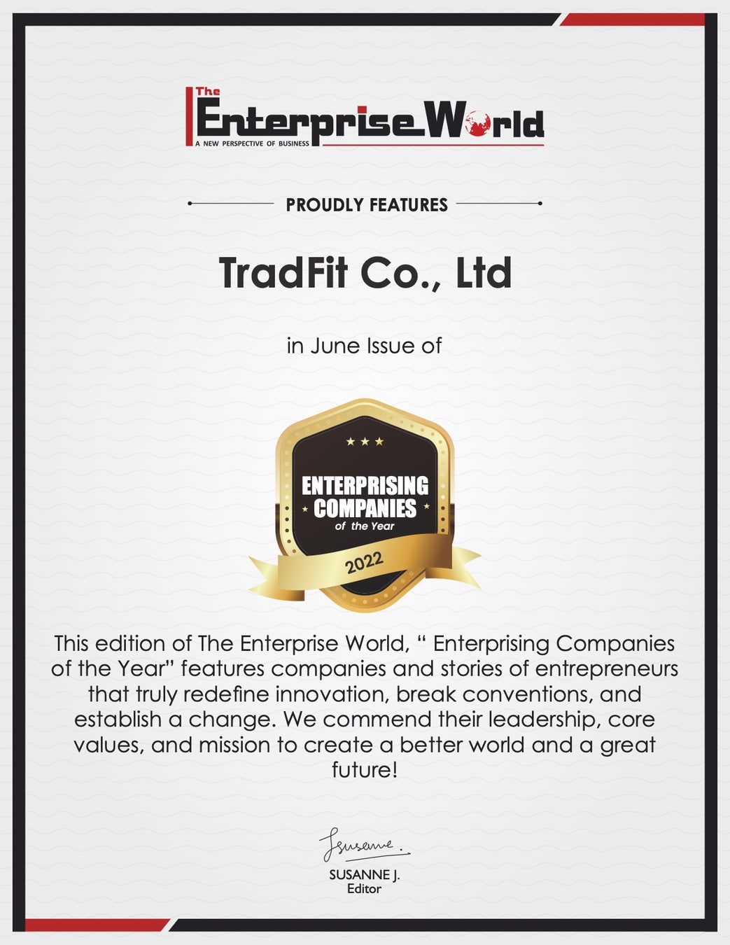 TradFitは著名USメディアのThe Enterprise Worldより、Enterprising Companies of the Yearへ選出・認定証受賞のサブ画像1