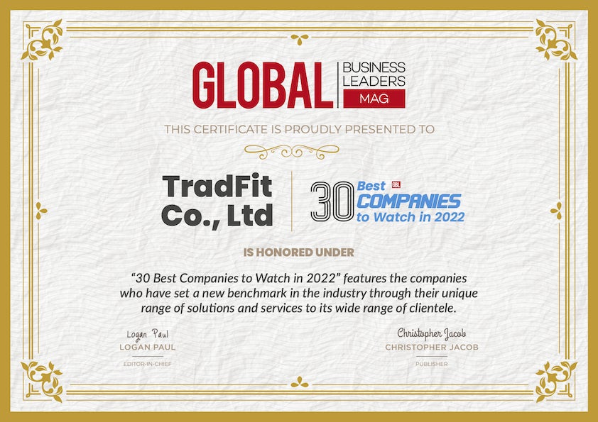 TradFitは著名USメディアのGlobal Business Leaders Magより、30 Best Companies to Watch in 2022へ選出・認定証受賞のサブ画像1