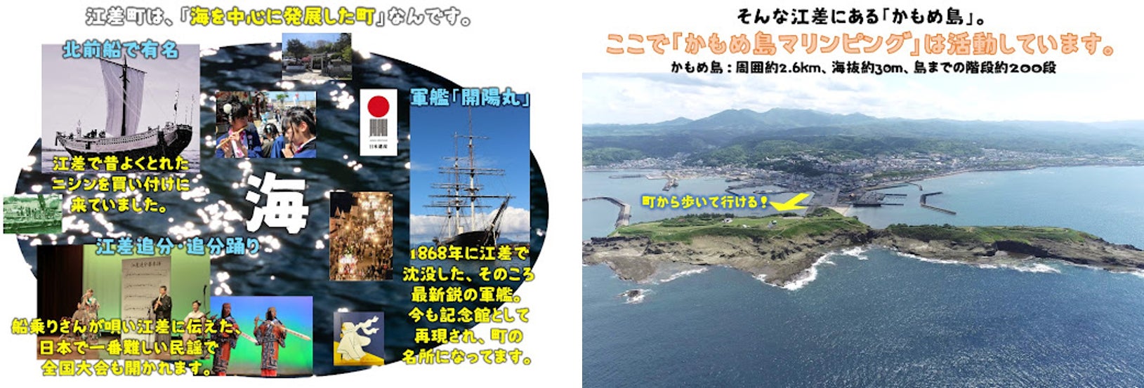 中学2年生146名を対象に実施！学校連携プロジェクト番外編　板橋第三中学校×かもめ島マリンピング　特別授業を実施しました！のサブ画像2_（写真左：江差は海を中心に発展した町）（写真右：海の魅力や歴史満載のかもめ島）