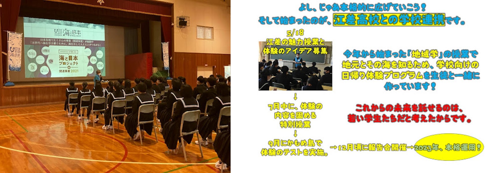 中学2年生146名を対象に実施！学校連携プロジェクト番外編　板橋第三中学校×かもめ島マリンピング　特別授業を実施しました！のサブ画像4_（写真左：江差高校との学校連携）（写真右：学校連携のスケジュール）