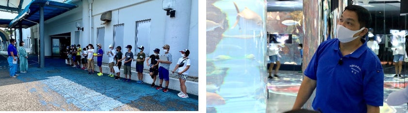 七尾の海で海藻観察～サワラをさばいてバーガーに挑戦！ 【七尾湾「魚のゆりかご」海の環境調査隊！】を開催しましたのサブ画像2_写真左：小学5･6年生16人が参加(のとじま水族館) 写真右：能登の魚について説明する高橋勲さん