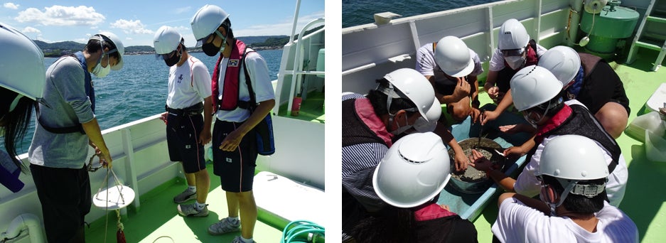 体験航海、海洋観測で身近な海について学ぶ『海の中を覗いてみよう！-海と日本PROJECT-』を開催しました！のサブ画像2_（左）透明度の測定　　（右）海底泥中の生物観察