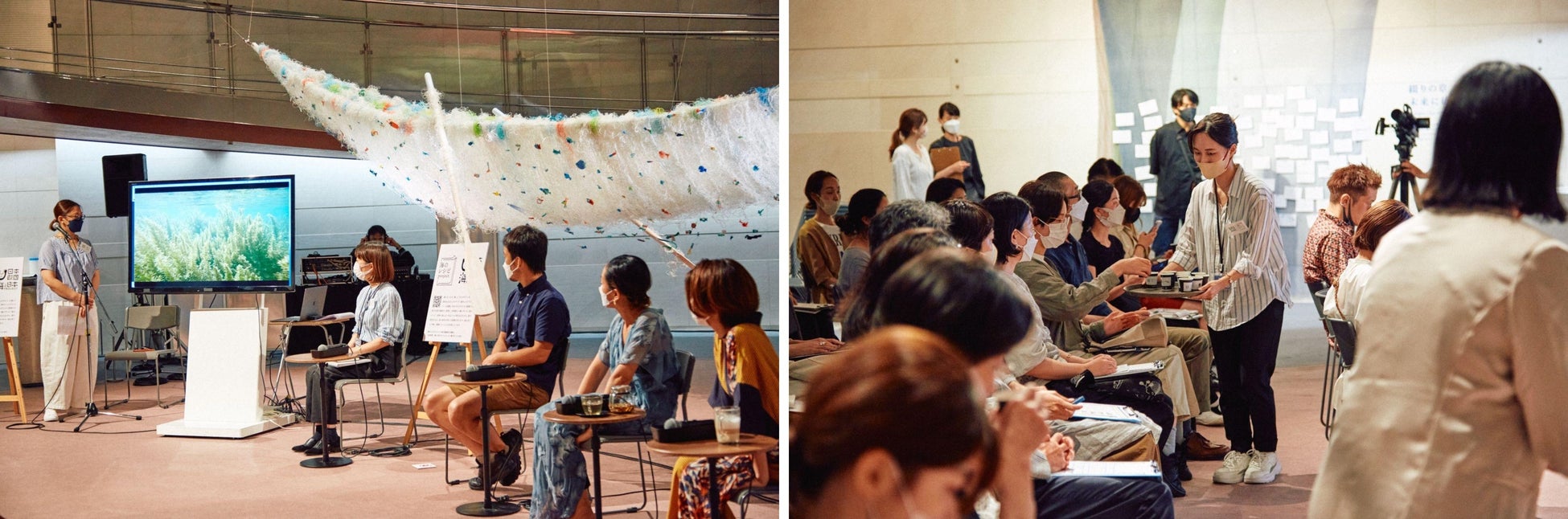 ＜海のレシピプロジェクト×Soup Stock Tokyo×Spiral Café＞海のいまを語り合うイベント『海の森、海のいま展 ー海のレシピプロジェクトと新たな航海のはじまりー』のサブ画像4_写真左：展示会場のなかで開催された８月５日のトークイベントの様子　 写真右：トークイベントでは、アイゴの干物からとったブイヨンが参加者に配られた