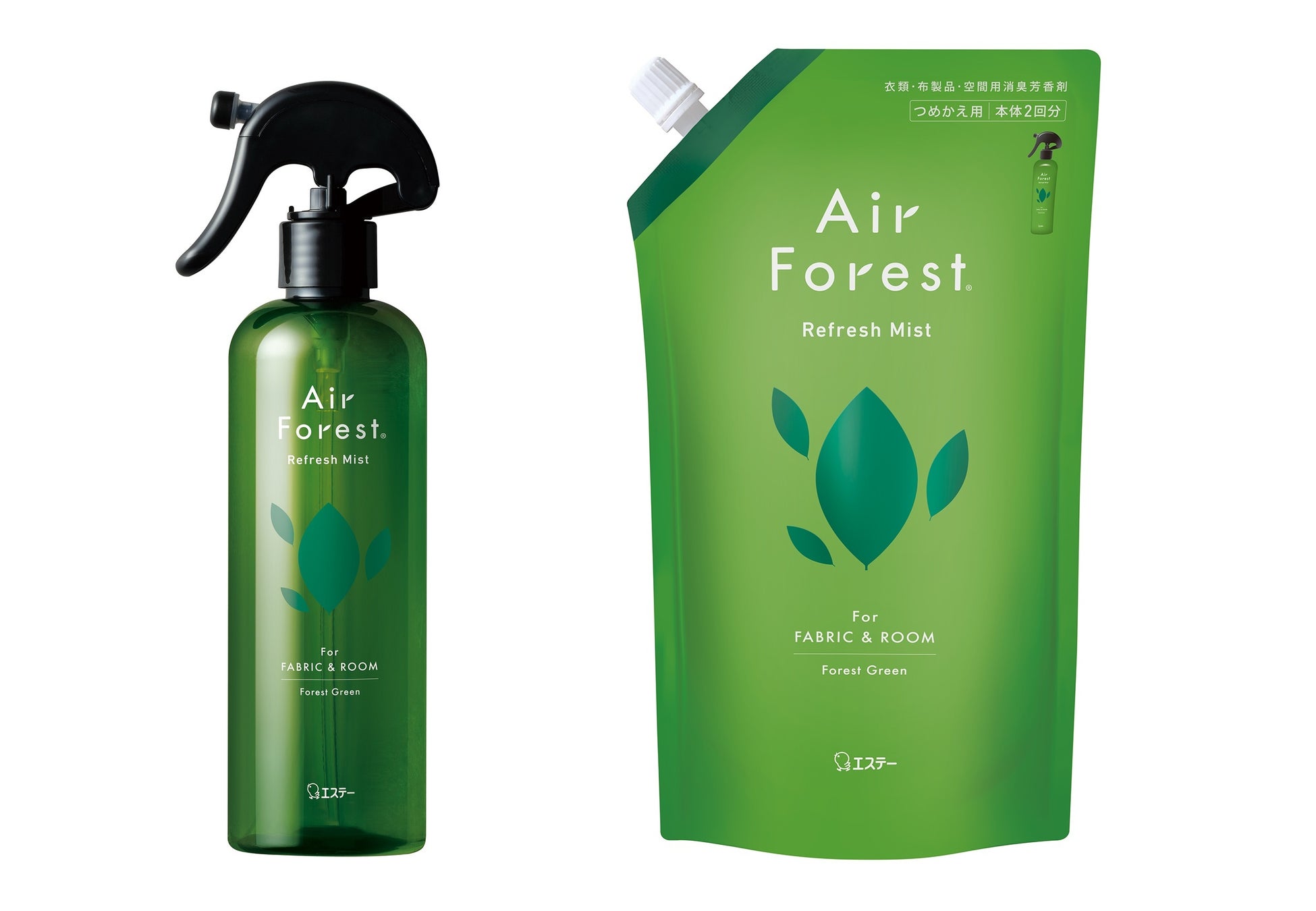 【エステー】北海道トドマツの間伐材を活用したサステナブルな消臭ミスト「Air Forest Refresh Mist (エアフォレスト リフレッシュミスト)」を新発売のサブ画像1_「Air Forest Refresh Mistフォレストグリーンの香り」 本体(左)／つめかえ用(右)