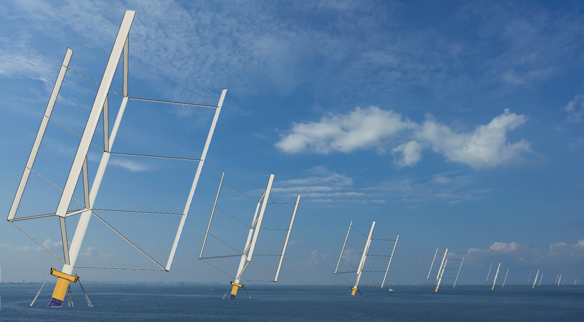 浮体式洋上風車開発のアルバトロス・テクノロジー、1億円の資金調達および小型海上実験の準備開始のお知らせのサブ画像2_​ウインドファーム想像図：　風が吹く方向に20度まで傾く。平均風速程度なら、ほぼ直立。