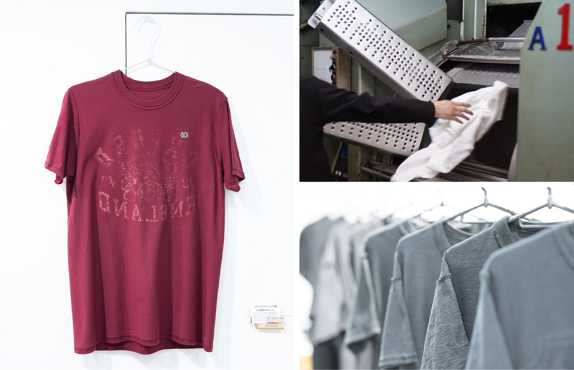 古着を原料にした機能的な服作りのブランド「ROLE YOURS」が始動。足さないモノ作りで消費循環に新たな楽しみ方を。のサブ画像4_写真左：ROLE YOURSの商品。『+0』のワッペンを胸のワンポイントに。右上：工業用のマシンで抗菌加工　右下：Tシャツの表裏を裏返しに加工。
