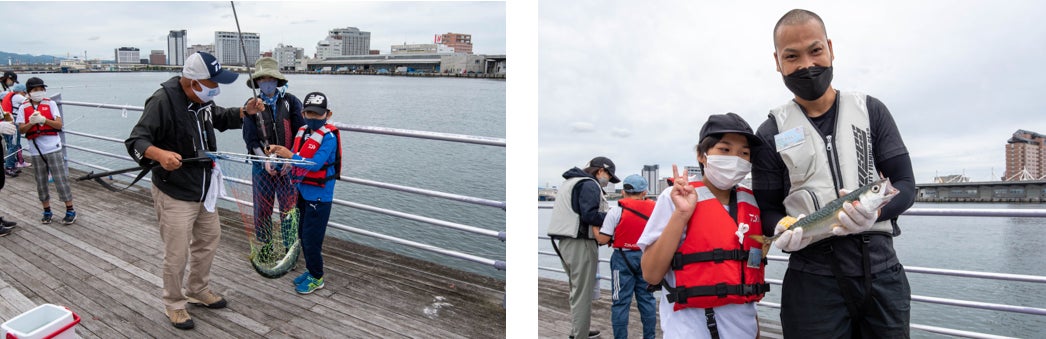小学生が海釣りを楽しみながら身近な海の環境を学習する「海釣り自然塾～海と日本プロジェクト～」第2弾・親子向けを開催のサブ画像6_（左）すごく引いたからビックリした！　　　　　　　　　　 （右）大きなサバが釣れました