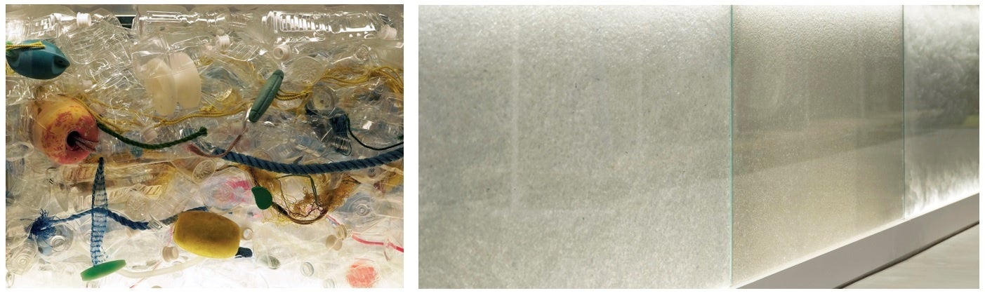 「ECOALF 渋谷スクランブルスクエア」９/17(土)オープン。旗艦店として国内３店舗目を出店【サステナブルファッションブランド「エコアルフ」】のサブ画像4_床面ディスプレイのイメージ    　（左）：海洋ゴミ、（右）：海洋ペットボトルのリサイクル工程
