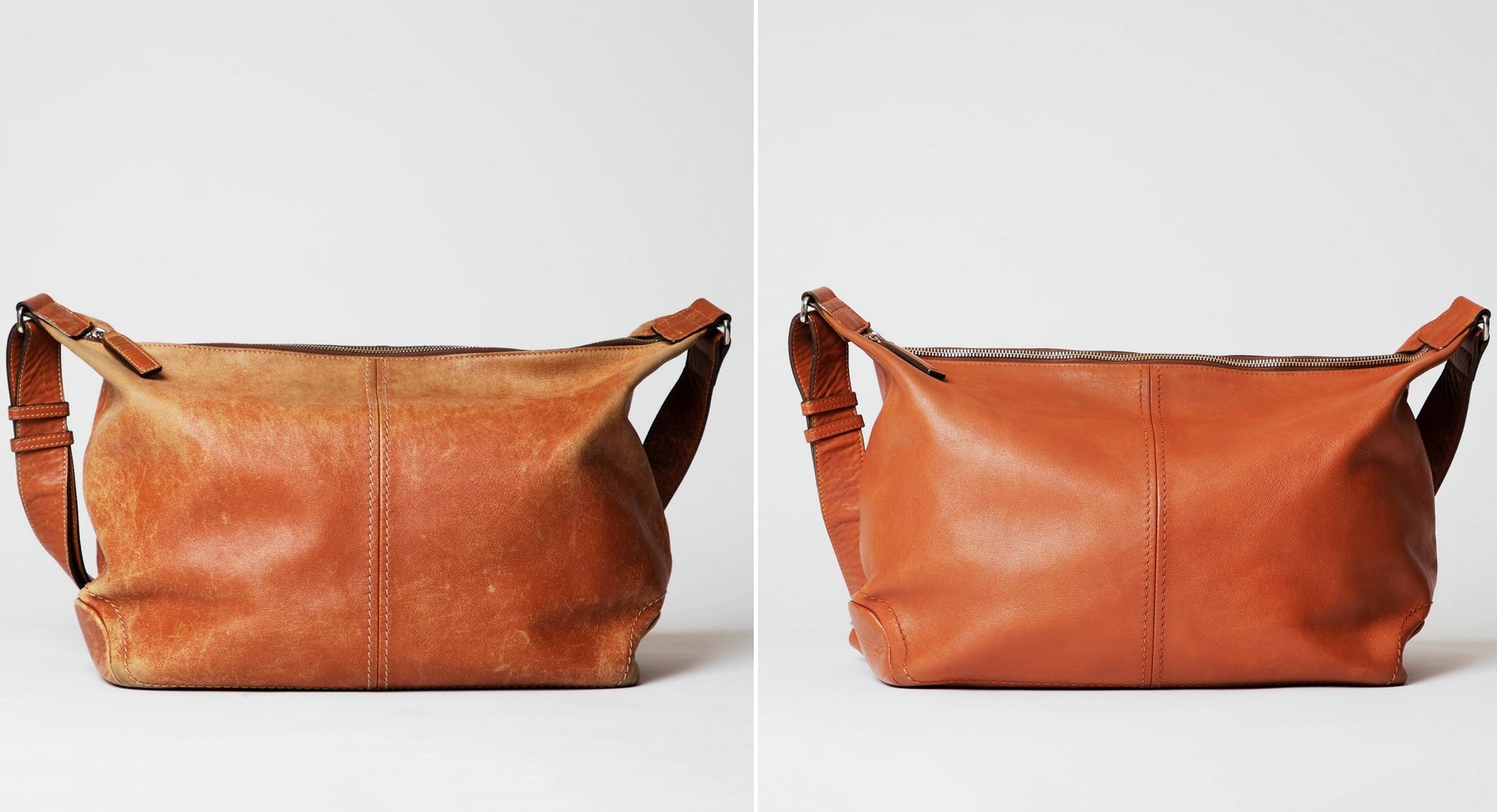 「土屋鞄」革製バッグのリユース品、大阪で初販売のサブ画像1_引き取った製品（ビフォー）と修理後（アフター）の比較、