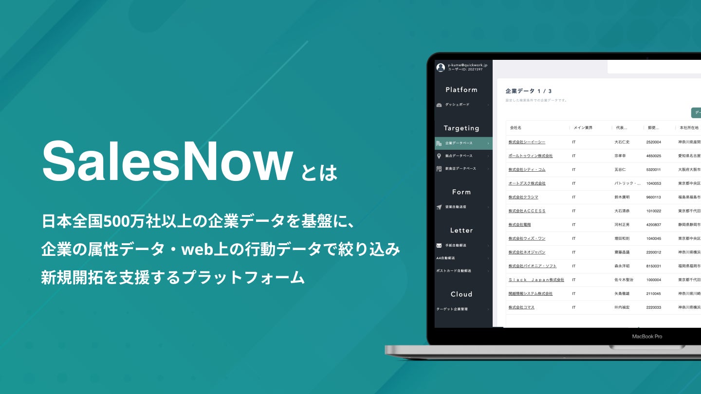 株式会社QuickWork、シリーズAラウンドで約2億円の資金調達を実施。日本全国500万社以上の企業データを基盤に営業の効率化を支援する「SalesNow」がさらに加速！のサブ画像3
