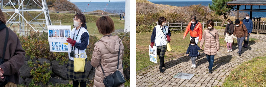 灯台の歴史、魅力、トリビアをギュッと凝縮【恵山岬灯台ガイドウォーク】開催のサブ画像2_（左）フリップを使ってビジュアルを提示しながら解説 　（右）公園の遊歩道には日本や世界の灯台が描かれています