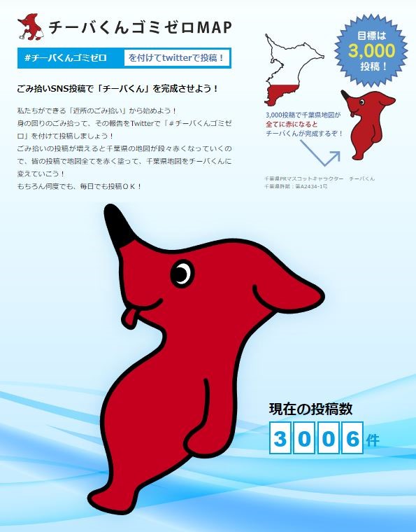 ごみ拾いSNS投稿で千葉県地図を赤く塗っていく「チーバくんゴミゼロMAP」が3,000投稿を達成！のメイン画像