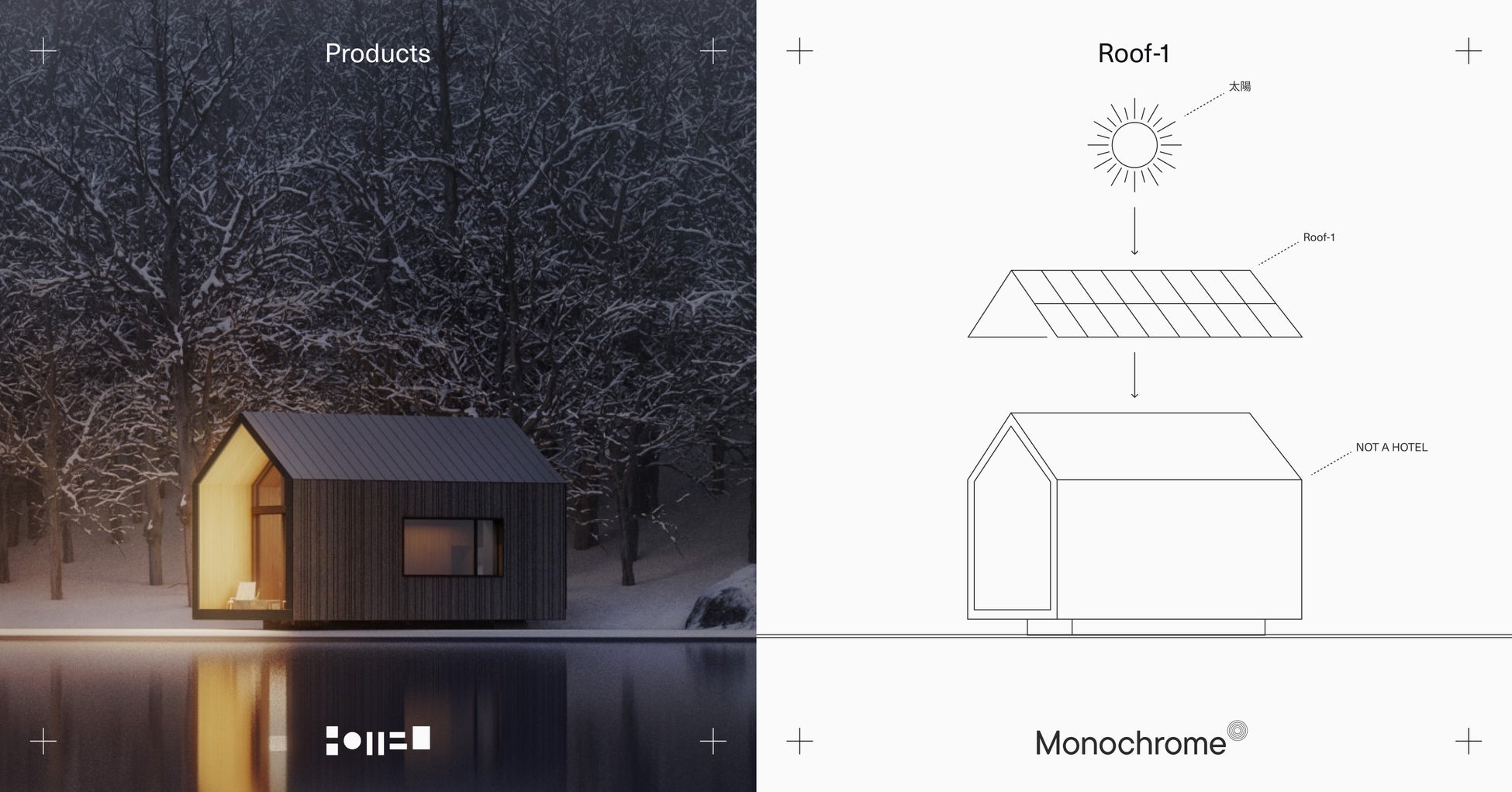 クリーンなエネルギーをつくる未来の屋根”Roof-1”を開発する「モノクローム」が、“ホテルにもできる別荘”NOT A HOTELと提携。オフグリッドも可能に。のサブ画像1_エネルギーを作る屋根Roof-1xNOT A HOTEL PRODUCTSが提携