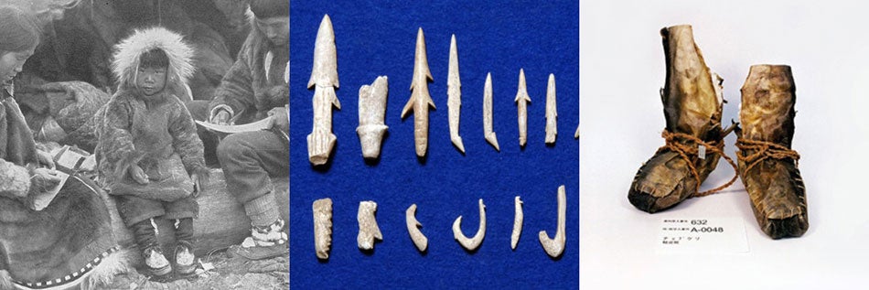 廃棄される魚の皮がレザーに変身！彦摩呂プロデュース第7弾は「めでたい鯛の革でつくった蝶ネクタイ」のサブ画像7_イヌイットの子供(左)　骨角器（中）　アイヌの鮭皮靴（右）