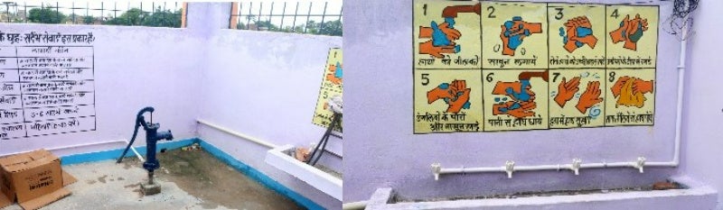 ＜ARTIDA OUD＞インド・ビハール州における「子どもたちの教育環境改善プログラム」完了のご報告のサブ画像10_給水ポンプと手洗い場。正しい手洗い方法のポスターが掲示されている（写真：プラン・インターナショナル）