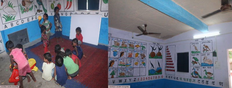 ＜ARTIDA OUD＞インド・ビハール州における「子どもたちの教育環境改善プログラム」完了のご報告のサブ画像9_（左）完成した幼稚園の教室内で遊ぶ子どもたち／（右）壁にカラフルなイラスト教材が描かれている