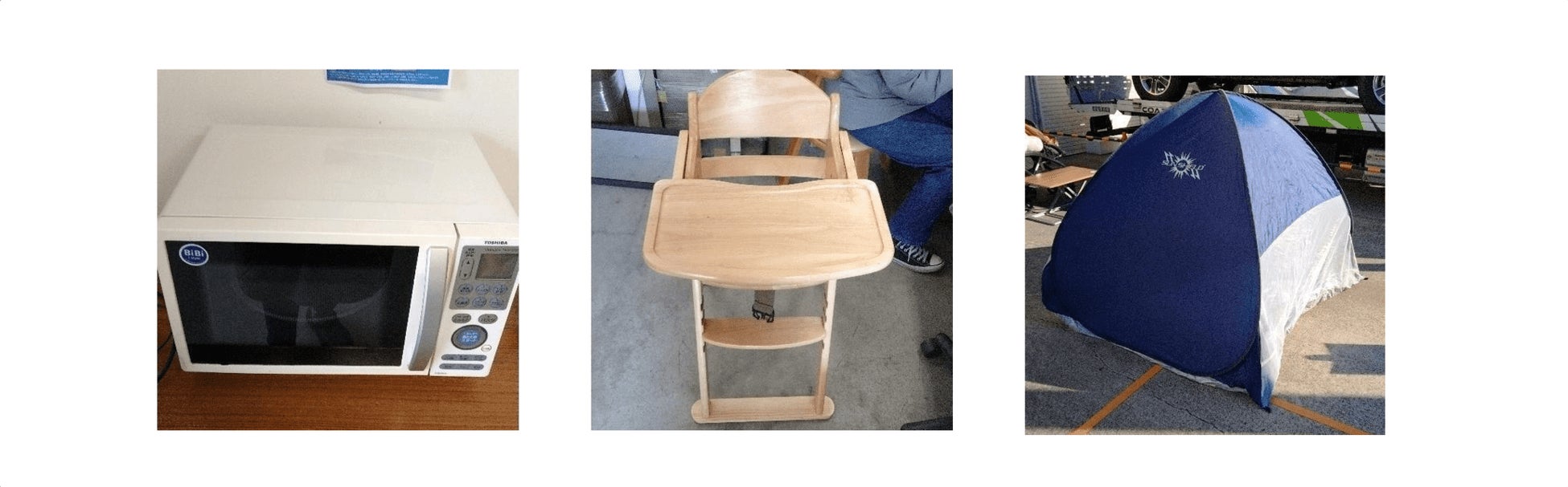神奈川県川崎市と共同運営する官民連携のリユース拠点「ジモティースポット川崎」実証実験期間の延長が決定のサブ画像3_持ち込まれた電子レンジ、子供用椅子、テント