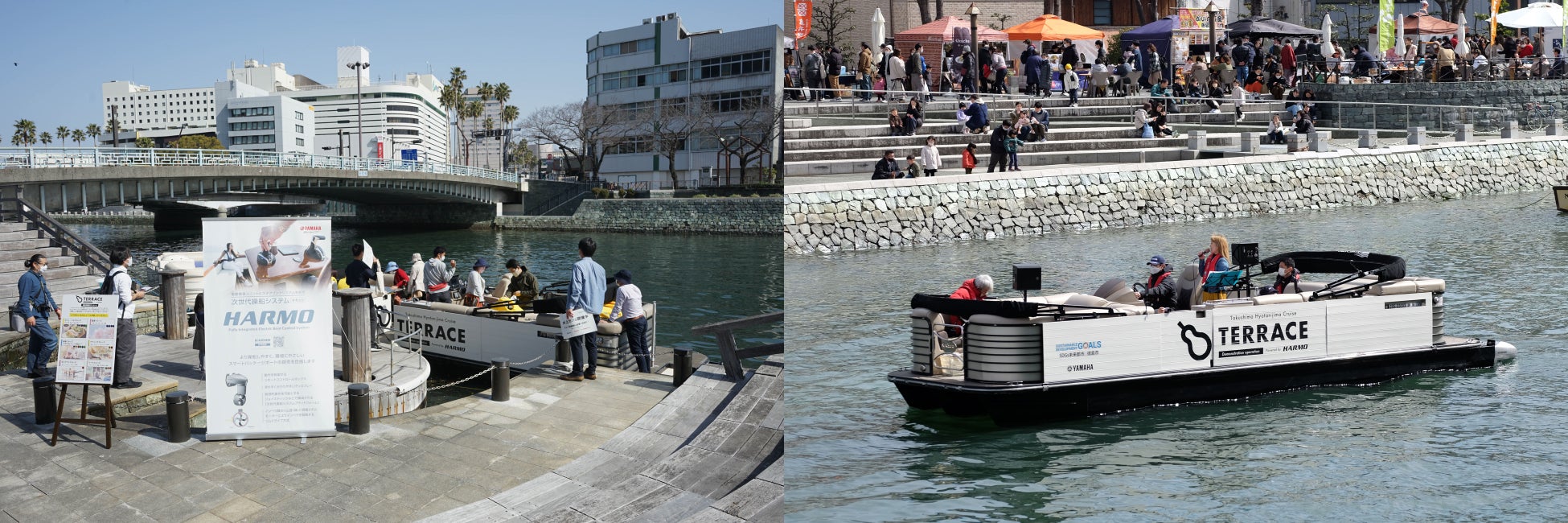 GK京都、徳島市やヤマハ発動機と協働で水上モビリティを活用した実証実験を企画デザインのサブ画像2_左：カフェイベントと同時開催した試乗会　　右：試験艇の静寂性を生かした水上ジャズライブ